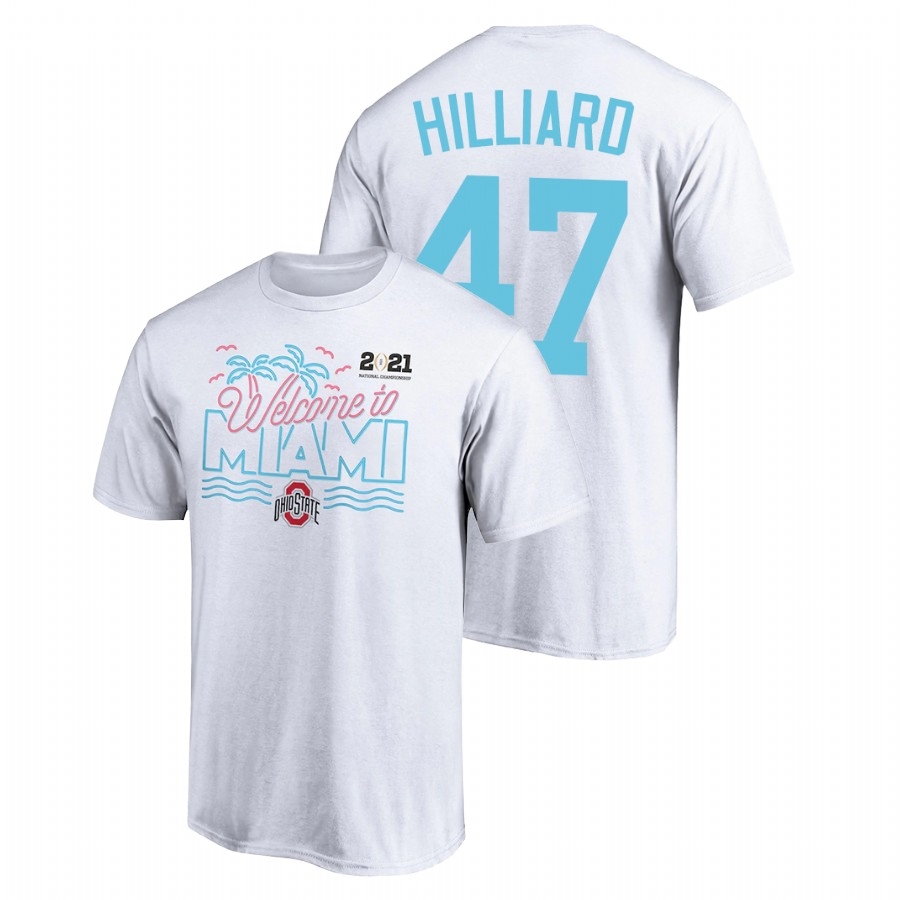 Ohio State Buckeyes Men's NCAA Justin Hilliard #47 White Champions Bound Return 2021 National Playoff College Football T-Shirt CXI8649SY